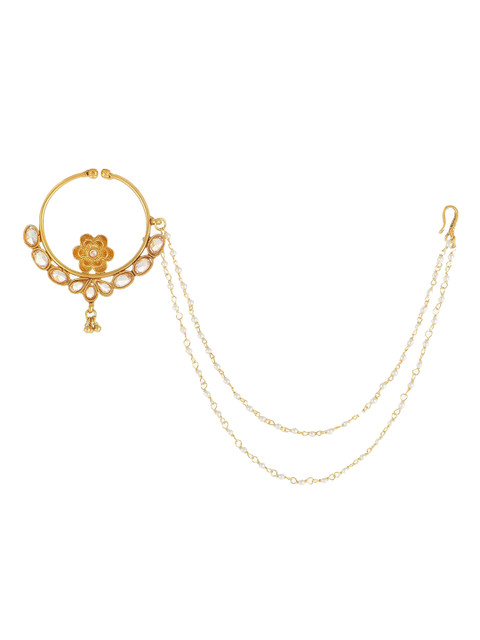 Adwitiya Collection 24K Gold-Plated White Stone-Studded Pearl Beaded Chained Nose Ring - Image 2