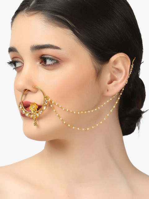 Adwitiya Collection 24K Gold-Plated White Stone-Studded Pearl Beaded Chained Nose Ring - Image 4