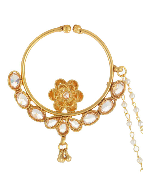 Adwitiya Collection 24K Gold-Plated White Stone-Studded Pearl Beaded Chained Nose Ring - Image 3