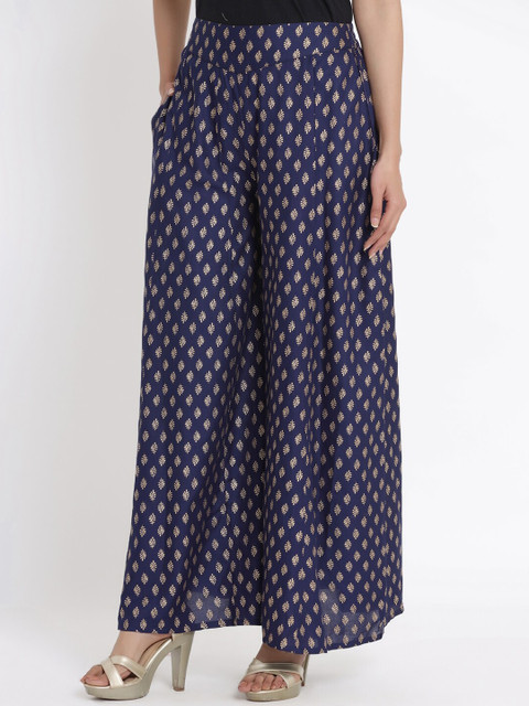 Juniper Women Navy Blue & Gold-Coloured Printed Flared Palazzo - Image 3