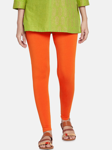 Go Colors Women Orange Solid Ankle-Length Cotton Leggings