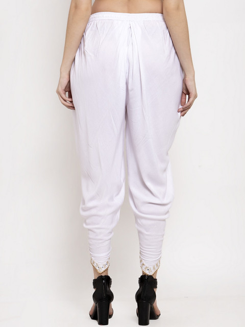 Women White Solid Dhoti Salwar With Embellished Border - Image 3