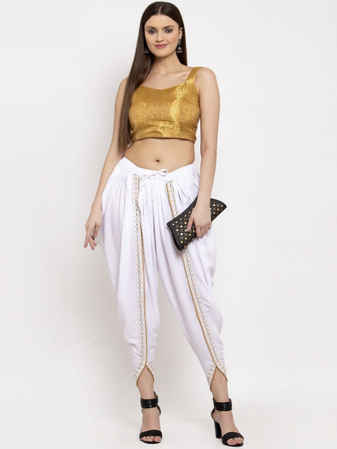 Women White Solid Dhoti Salwar With Embellished Border - Image 4
