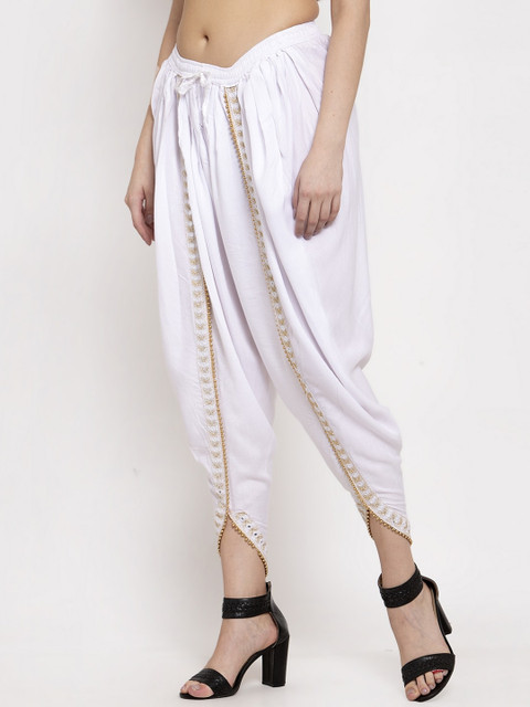 Women White Solid Dhoti Salwar With Embellished Border - Image 2