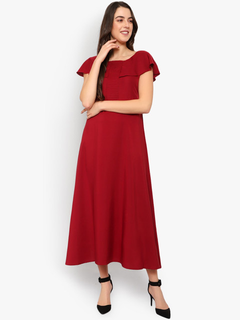 Indietoga Women Maroon Solid Fit and Flare Dress