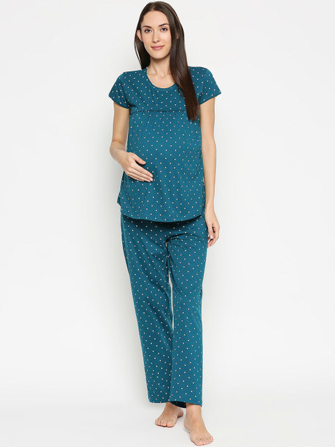 AV2 Women Teal Blue & Yellow Printed Maternity Night Suit
