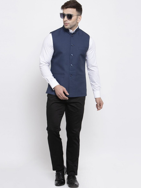 Wintage Men Blue Solid Woven Design Nehru Jacket - Image 5