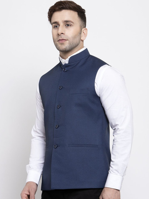 Wintage Men Blue Solid Woven Design Nehru Jacket - Image 3