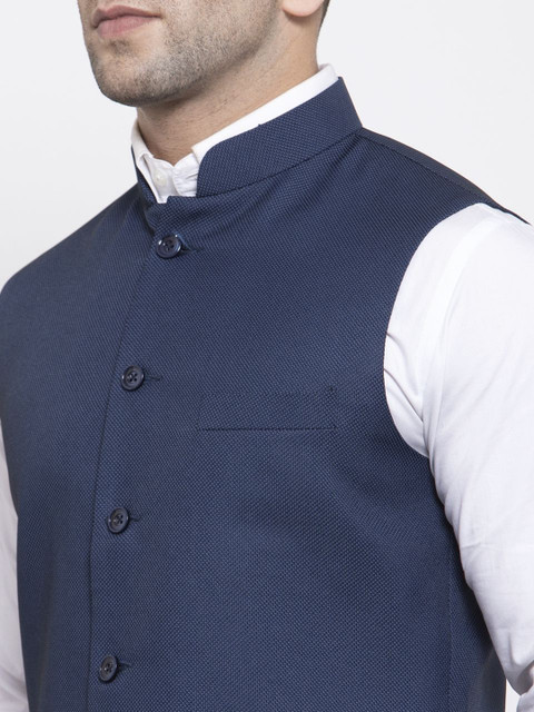 Wintage Men Blue Solid Woven Design Nehru Jacket - Image 2
