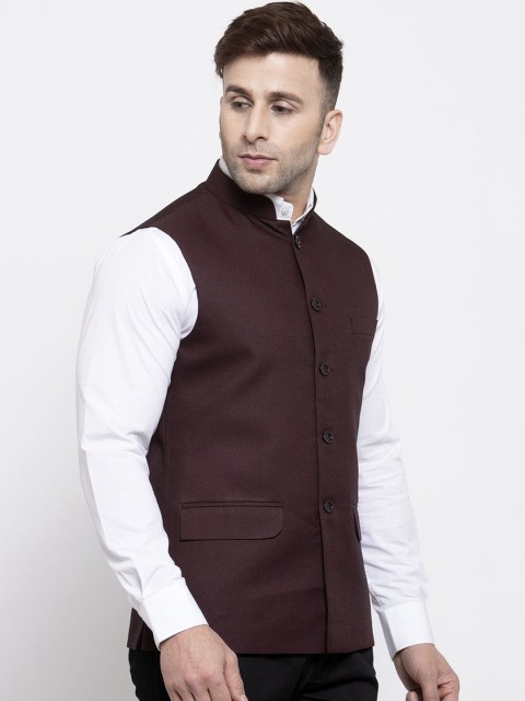 Wintage Men Brown Solid Satin Nehru Jacket - Image 3