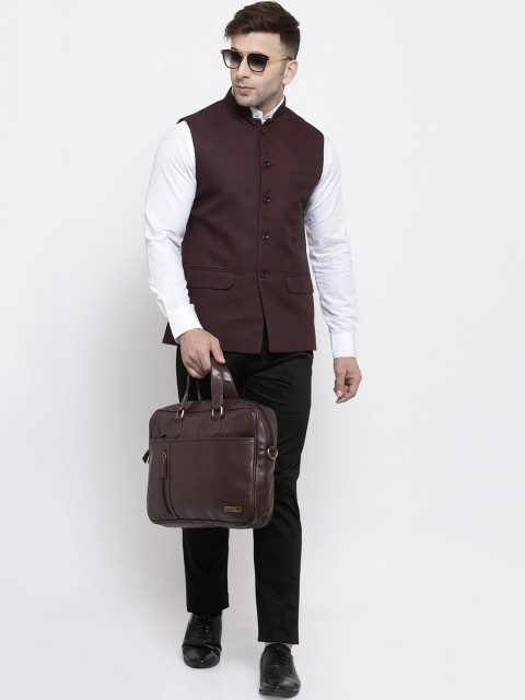Wintage Men Brown Solid Satin Nehru Jacket - Image 5