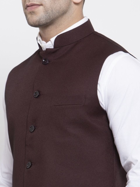 Wintage Men Brown Solid Satin Nehru Jacket - Image 2