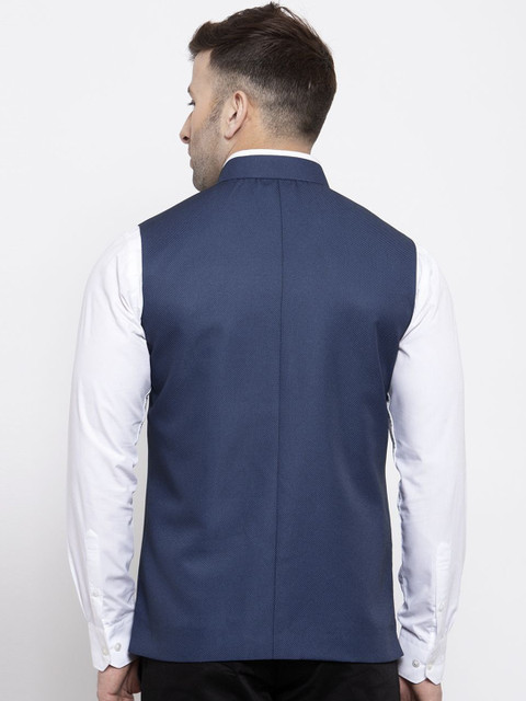 Wintage Men Blue Solid Woven Design Nehru Jacket - Image 4