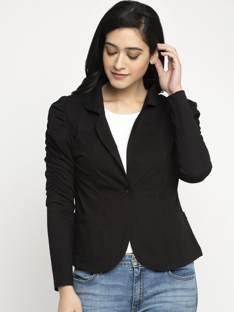 DOOR74 Women Black Solid Blazer