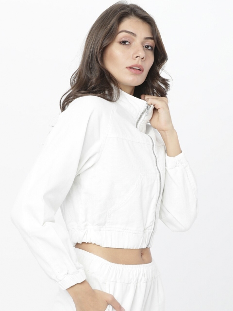 Tokyo Talkies Women Off-White Solid Bomber - Image 3