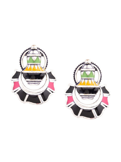 Voylla Silver-Plated & Black Contemporary Drop Earrings - Image 2