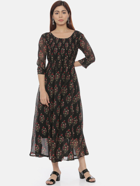 Souchii Women Black Printed Fit and Flare Dress