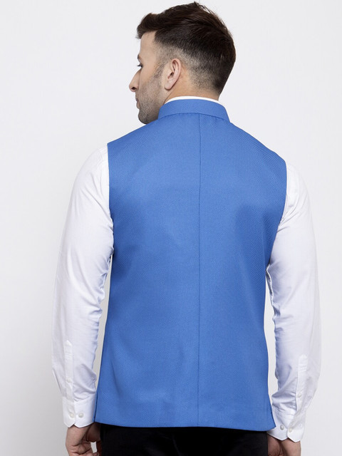 Wintage Men Blue Solid Satin Nehru Jacket - Image 4