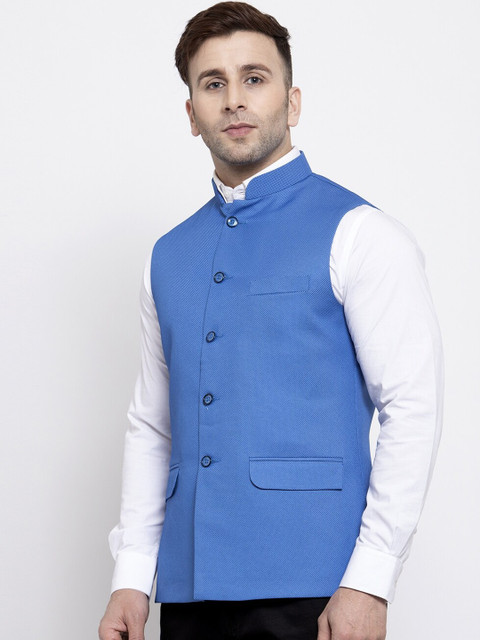 Wintage Men Blue Solid Satin Nehru Jacket - Image 3