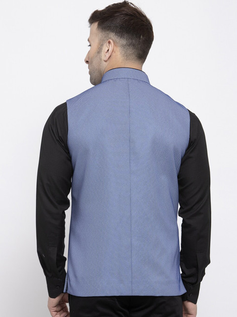 Wintage Men Blue Self Design Satin Nehru Jacket - Image 4