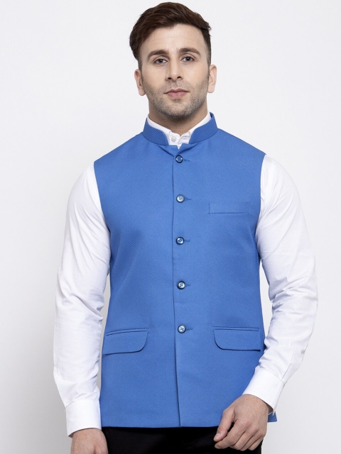 Wintage Men Blue Solid Satin Nehru Jacket