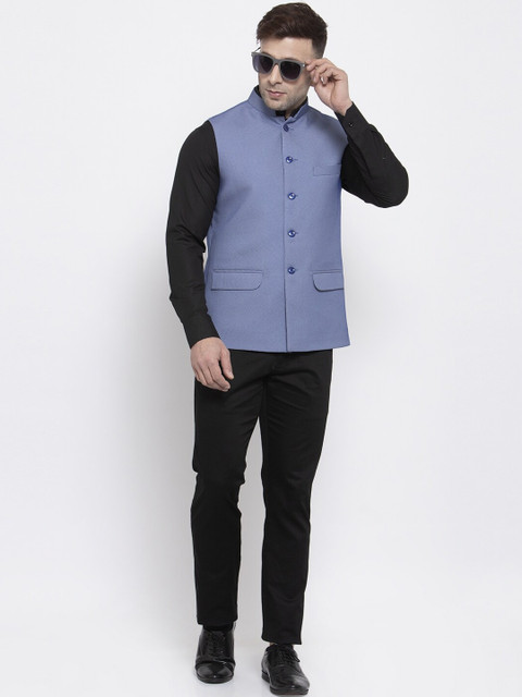 Wintage Men Blue Self Design Satin Nehru Jacket - Image 5