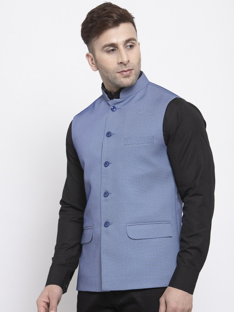 Wintage Men Blue Self Design Satin Nehru Jacket - Image 3