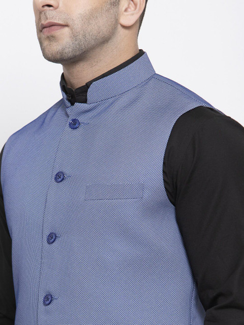 Wintage Men Blue Self Design Satin Nehru Jacket - Image 2