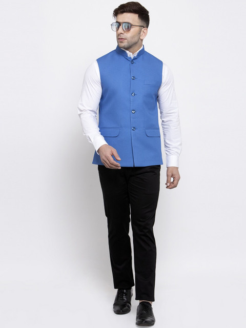 Wintage Men Blue Solid Satin Nehru Jacket - Image 5