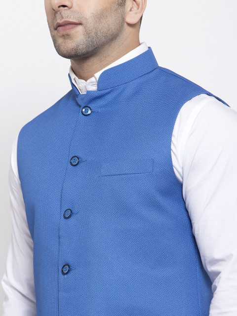 Wintage Men Blue Solid Satin Nehru Jacket - Image 2
