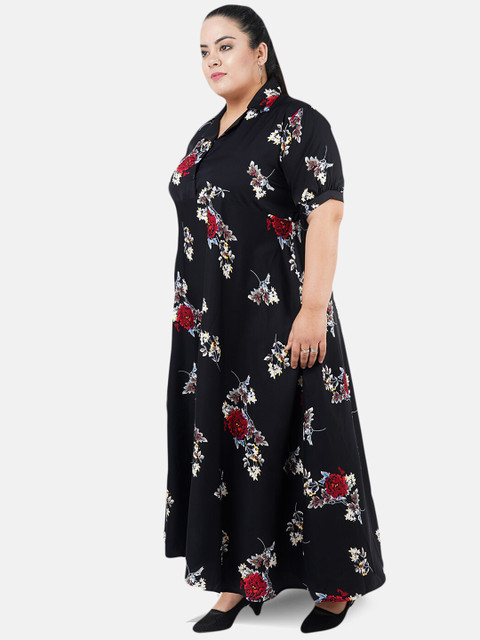 Indietoga Women Black Floral Print Plus Size Maxi Dress - Image 4