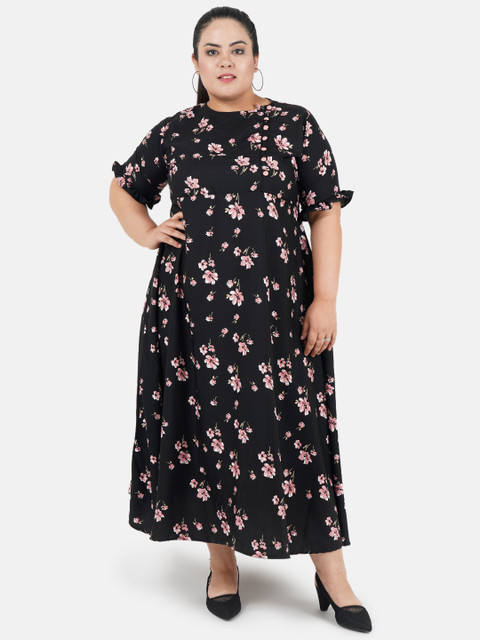 Indietoga Women Black Printed Plus Size Maxi Dress