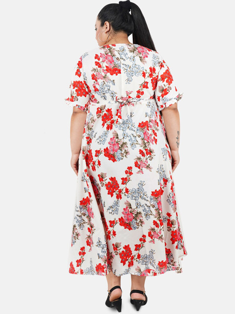 Indietoga Women White & Red Floral Printed Plus Size Maxi Dress - Image 5