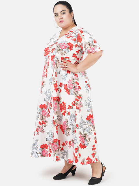 Indietoga Women White & Red Floral Printed Plus Size Maxi Dress - Image 4