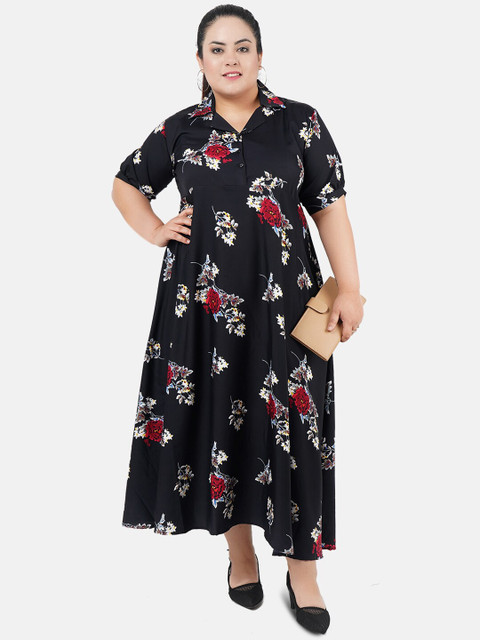 Indietoga Women Black Floral Print Plus Size Maxi Dress