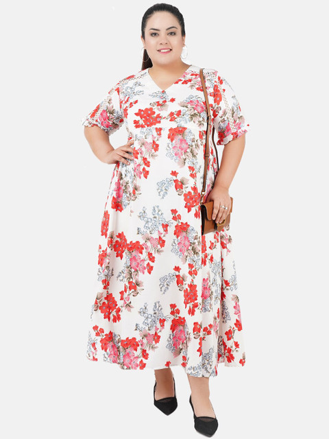 Indietoga Women White & Red Floral Printed Plus Size Maxi Dress - Image 6