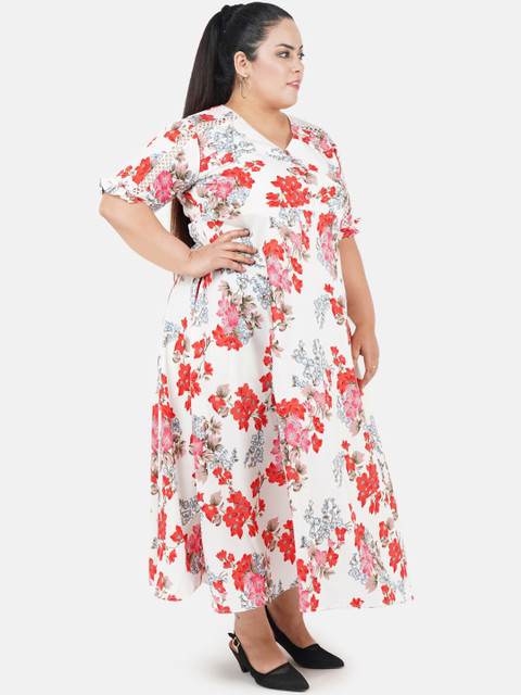 Indietoga Women White & Red Floral Printed Plus Size Maxi Dress - Image 3