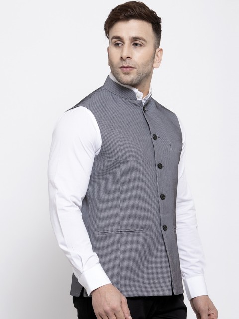 Wintage Men Grey Woven Design Satin Nehru Jacket - Image 3