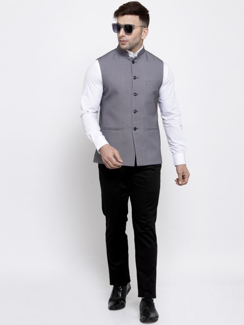 Wintage Men Grey Woven Design Satin Nehru Jacket - Image 5