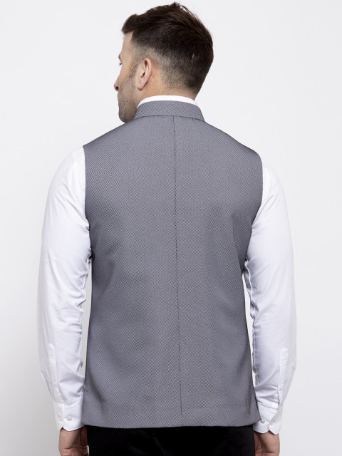 Wintage Men Grey Woven Design Satin Nehru Jacket - Image 4