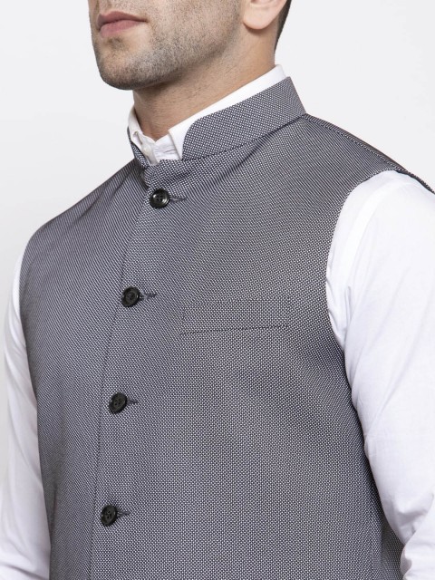 Wintage Men Grey Woven Design Satin Nehru Jacket - Image 2
