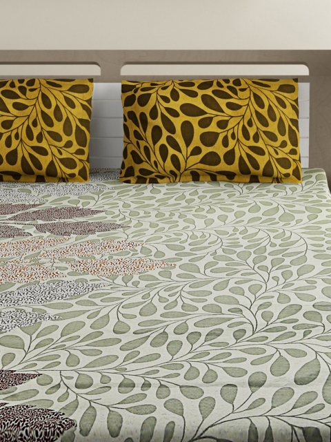 SWAYAM Green & Yellow Floral 120 TC Cotton 1 King Bedsheet with 2 Pillow Covers - Image 3