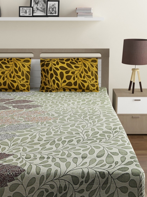 SWAYAM Green & Yellow Floral 120 TC Cotton 1 King Bedsheet with 2 Pillow Covers - Image 2
