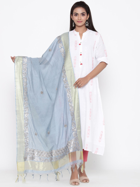 SOUNDARYA Grey & Gold-Toned Embroidered Dupatta