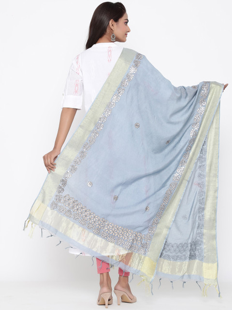 SOUNDARYA Grey & Gold-Toned Embroidered Dupatta - Image 3
