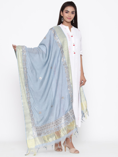 SOUNDARYA Grey & Gold-Toned Embroidered Dupatta - Image 4
