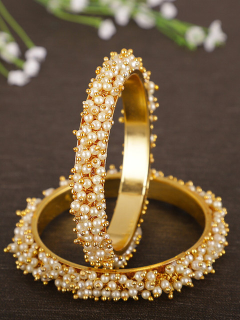 Shining Diva Set Of 2 Gold-Plated & White Pearl Embellished Antique Bangles