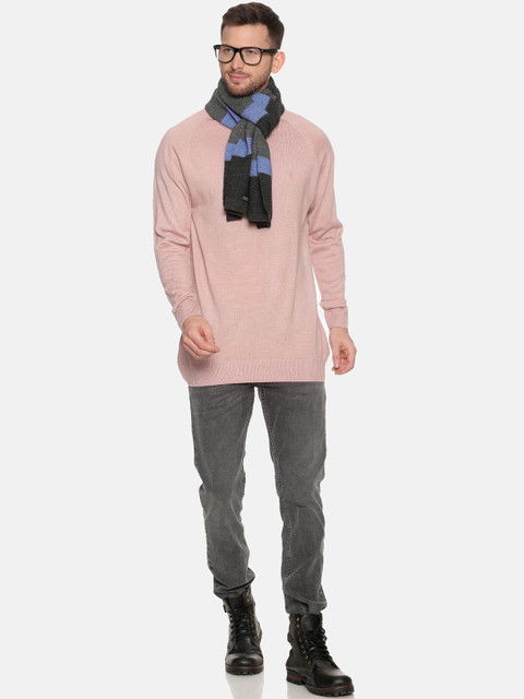513 Men Charcoal Grey & Blue Woven Design Premium Quality Knitted Muffler - Image 4