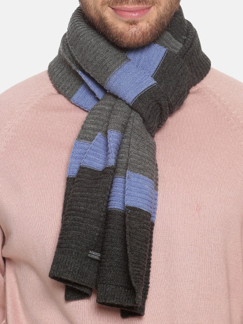 513 Men Charcoal Grey & Blue Woven Design Premium Quality Knitted Muffler - Image 3