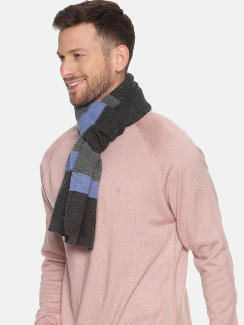 513 Men Charcoal Grey & Blue Woven Design Premium Quality Knitted Muffler - Image 2